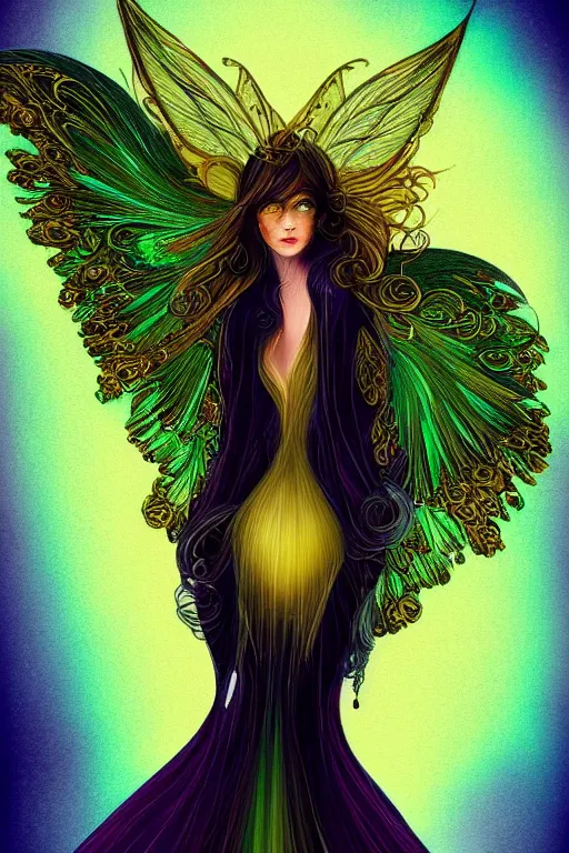 Image similar to a magic the gattering illustration of a woman angel , fantasy, gradient black green gold, dreamy and ethereal, green eyes, golden ratio, peaceful expression, ornate frilly dress, fantasy, intricate, elegant, rainbow splash of ink, highly detailed, digital painting, artstation, concept art, smooth,b sharp focus, illustration, art by scott fisher
