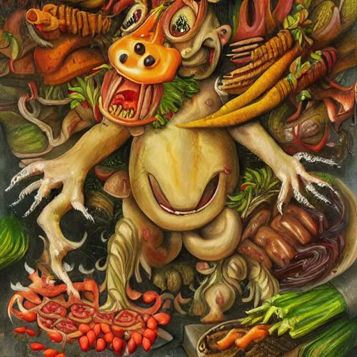Prompt: a high detailed painting of a monster made of meat, chicken and junk food fighting with a monster made of vegetables and fruits, surrealism, magic realism bizarre art