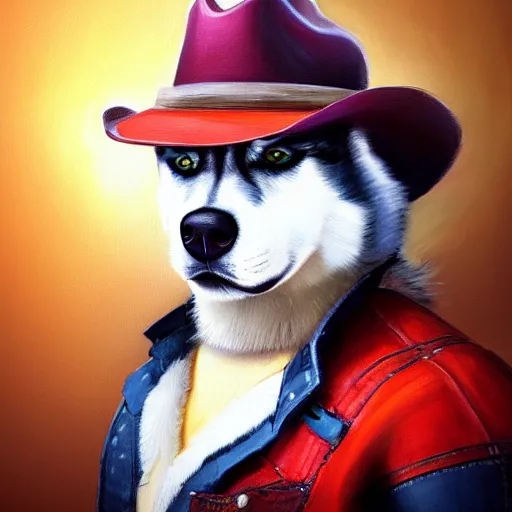 Image similar to a portrait painting of a husky in cowboy costume, wearing a cowboy hat, in the style of anime, humanoid, personify, anthropomorphic, trending on artstation