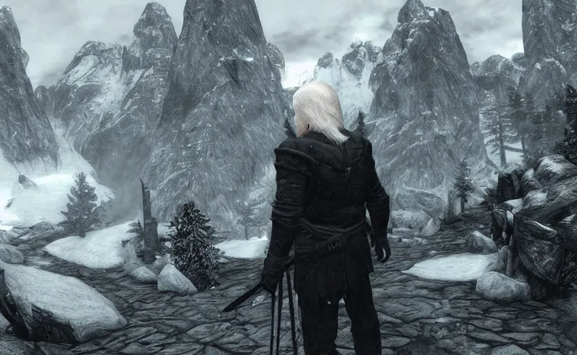 Prompt: joe biden walking in solitude, skyrim, a photorealistic painting