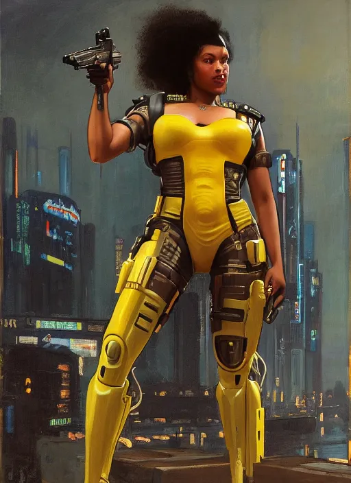 Image similar to Juliana Igwe. Buff Cyberpunk policewoman with robotic stilt legs. (Cyberpunk 2077, bladerunner 2049). gorgeous face. Patrolling at night. Iranian orientalist portrait by john william waterhouse and Edwin Longsden Long and Theodore Ralli and Nasreddine Dinet, oil on canvas. Cinematic, vivid colors, hyper realism, realistic proportions, dramatic lighting, high detail 4k