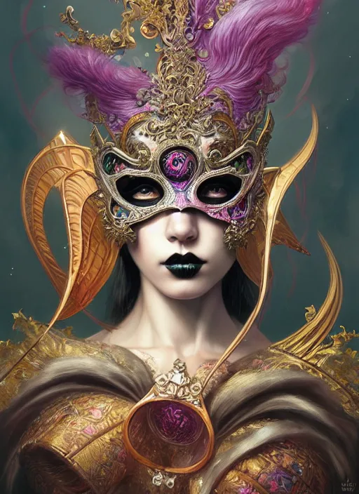 Prompt: hyper detailed ultra sharp elite venetian mask girl, gothic aesthetic, synthwave, colorful, ephemeral, ornate, intricate, digital painting, concept art, smooth, sharp focus, illustration, art by tom bagshaw and greg rutkowski and hannah yata, trending on artstation 8 k