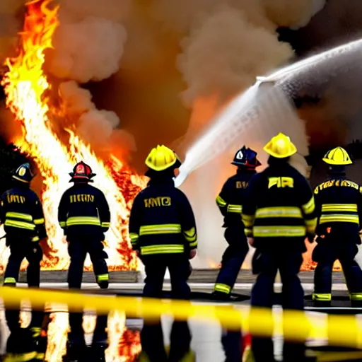 Prompt: one heroic firefighters with black and yellow uniforms in action inside white house, interior background, fire flames, sharp details, sharp focus