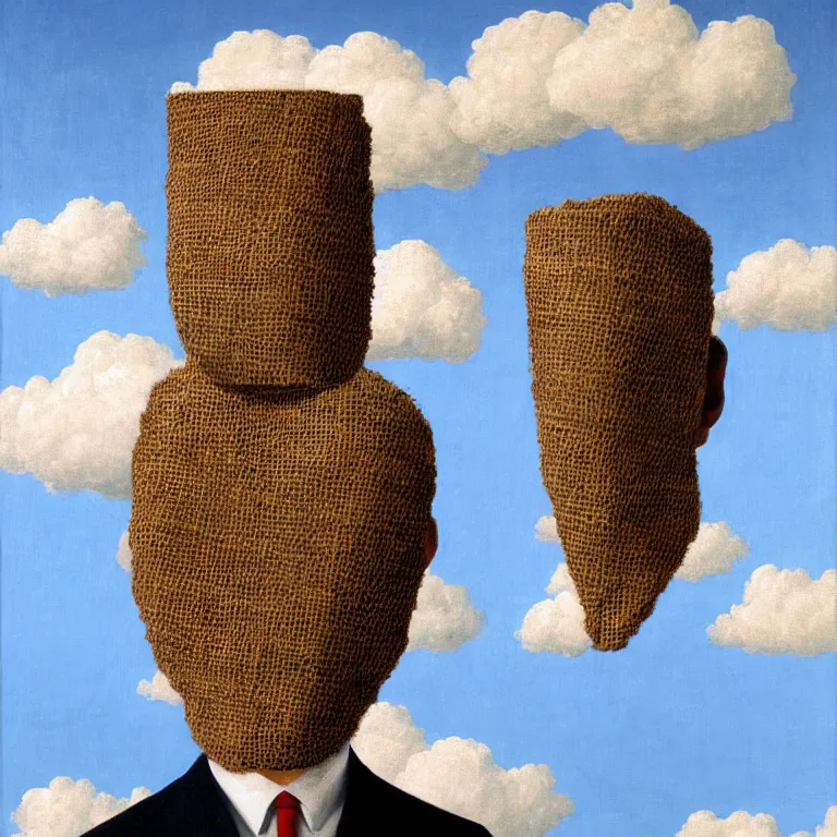 Image similar to portrait of a faceless burlap sack - head man in a suit, clouds in the background, by rene magritte, detailed painting, distance, centered, hd, hq, high resolution, high detail, 4 k, 8 k