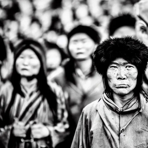 Prompt: hunnic protester face elongated cranium mongolian hair style photo black and white wide angle lense