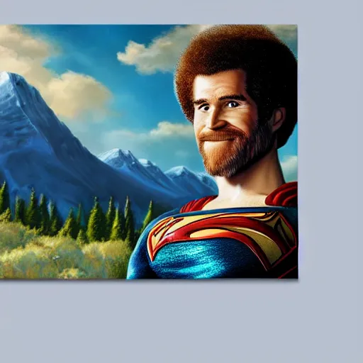 Image similar to a closeup photorealistic photograph of bob ross working on a canvas painting of superman. film still. brightly lit scene. mountains and trees. this 4 k hd image is trending on artstation, featured on behance, well - rendered, extra crisp, features intricate detail, epic composition and the style of unreal engine.