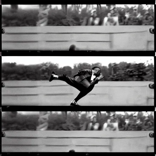 Prompt: barack obama jumping over fence. film strip. 9 frames.