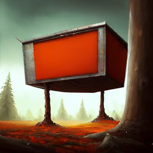 Image similar to a walking wood and metal house with two legs and one big eye, rust, hyperrealistic, highly detailed, cinematic, single ray of sun, morning, pareidolia, gravity falls style, red and orange dominance, beautiful, cgssociety, artstation, 8 k, oil painting, digital art