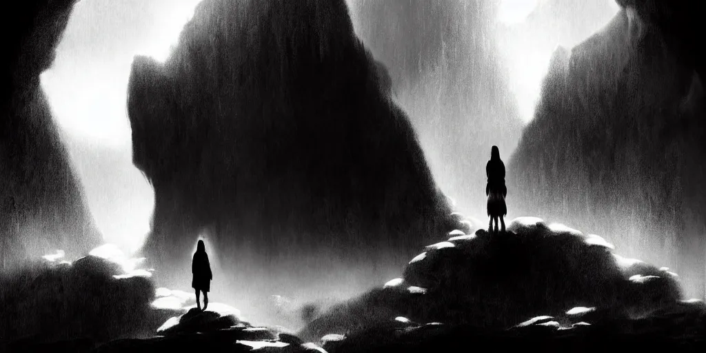 Image similar to epic portrait cinematic shot an female standing in a cave of an giant, cloudy, foggy, storm, night setting. realistic shaded lighting poster by craig mullism, radiant light digital art, trending on art station kvlt by peder balke by guido crepax by norman bluhm mystic high contrast monochromatic noir