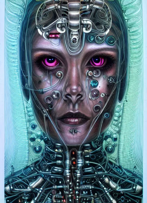 Prompt: biopunk cyborg portrait by julie bell, intricate biopunk patterns, vacuum tubes, detailed!, very sharp!!!