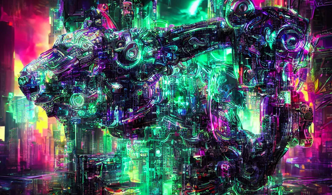 Prompt: complex cyberpunk machine background merged with evil cybernetic goat head, symmetric, multicolored digital art