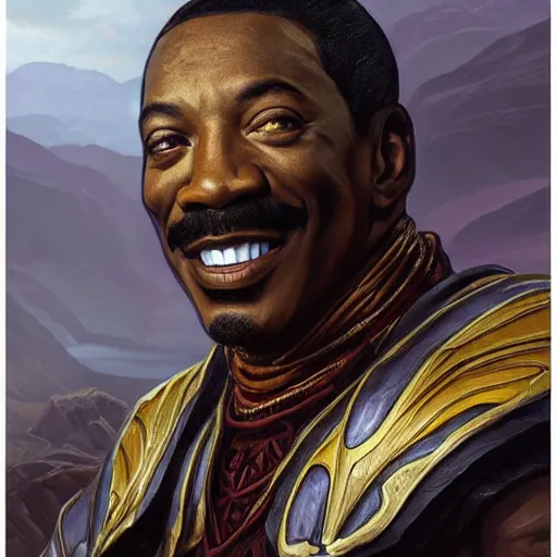 Image similar to eddie murphy as teferi, in the style of magic the gathering, glacier landscape, d & d, fantasy, intricate, elegant, highly detailed, digital painting, artstation, concept art, matte, sharp focus, illustration, art by artgerm and greg rutkowski and alphonse mucha