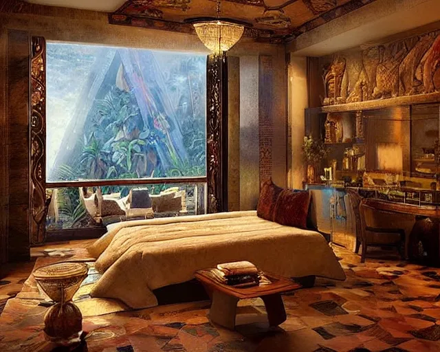 Image similar to a luxury hotel! suite room in the style of precolombian aztec!, art by greg rutkowski and artgerma, stunning! concept art, interior! design