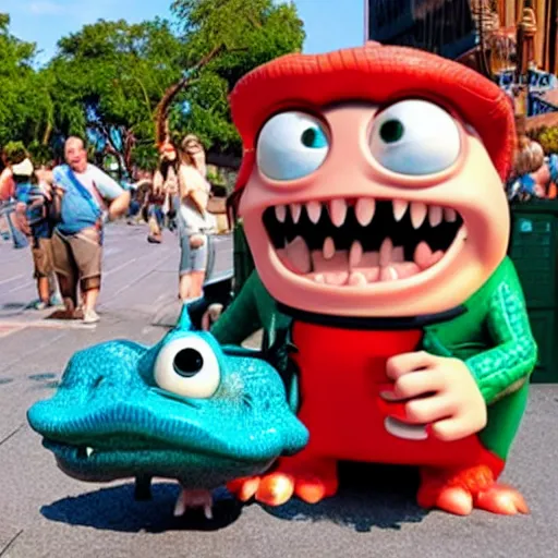 Image similar to a crocodile dressed as a tourist, pixar movie still