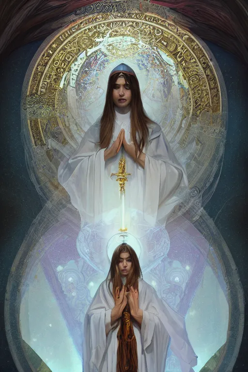 Prompt: holy priestess of the sacral moon full body portrait highly detailed, digital painting, artstation, concept art, smooth and sharp focus, illustration, art by tian zi and wlop and alphonse mucha