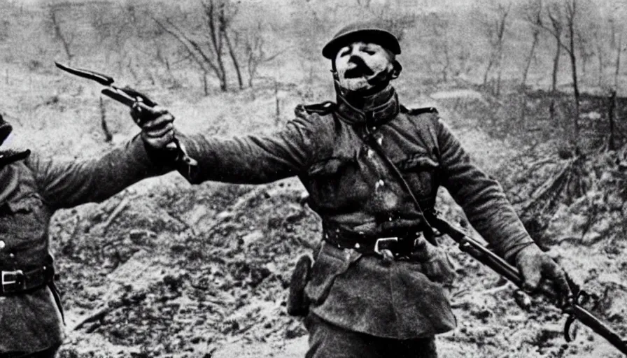 Image similar to french soldier dabbing during the battle of verdun ( 1 9 1 6 ), historical photograph, highly detailed, dab