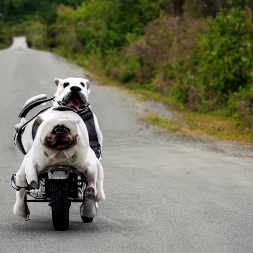Prompt: Gray and white bully dog riding a motorcycle
