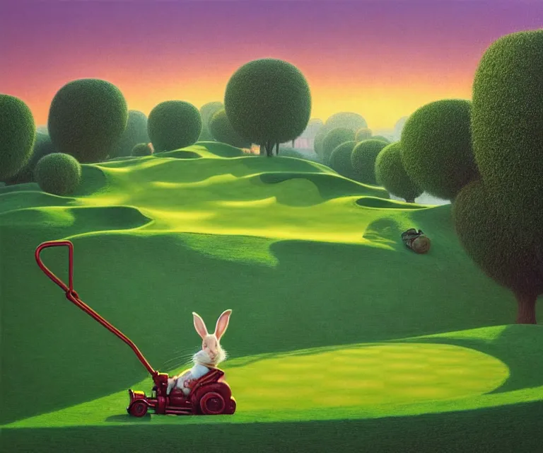 Prompt: hyper detailed 3d render like a Oil painting - a cartoon rabbit riding a lawnmower across a golf course at dawn, by Jacek Yerka, Mariusz Lewandowski, Houdini algorithmic generative render, Abstract brush strokes, Masterpiece, Edward Hopper and James Gilleard, Zdzislaw Beksinski, Mark Ryden, Wolfgang Lettl, hints of Yayoi Kasuma, octane render, 8k