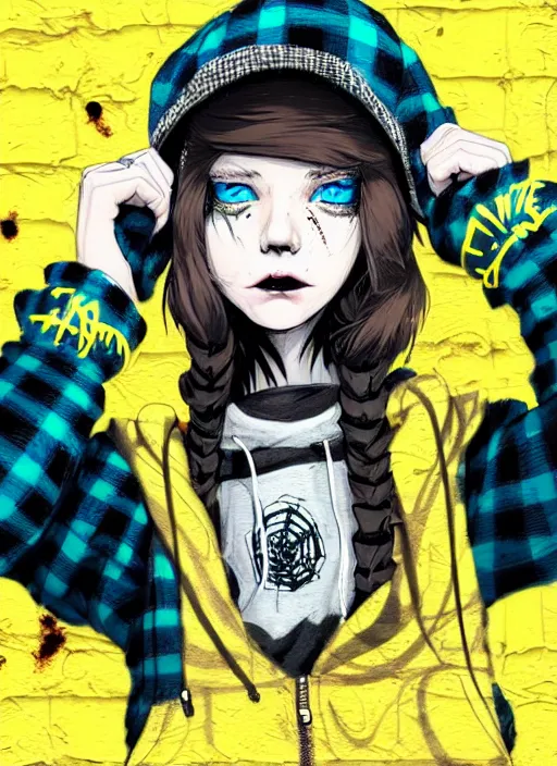 Prompt: highly detailed portrait of a sewer punk lady student, blue eyes, tartan hoody, hat, white hair by atey ghailan, by greg tocchini, by kaethe butcher, by alex horley, gradient yellow, black, brown and cyan color scheme, grunge aesthetic!!! ( ( graffiti tag wall flat colour background ) )