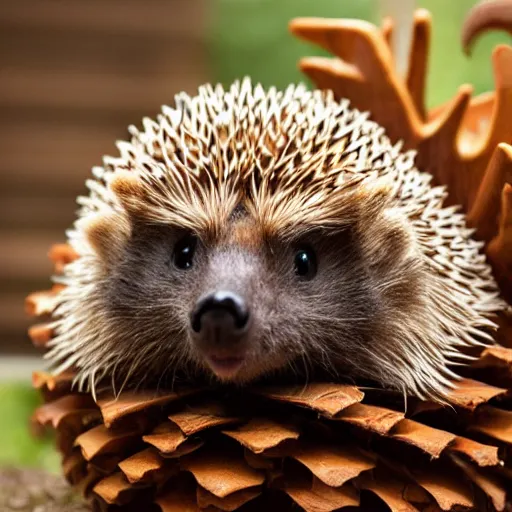 Prompt: photo of a pinecone with the face of a hedgehog