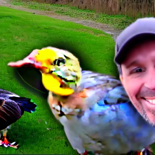 Image similar to two men close to the camera are surprised mouth agape pointing at a small duck further back in the shot, realistic, digital photo, suburb, youtube thumbnail, clickbait
