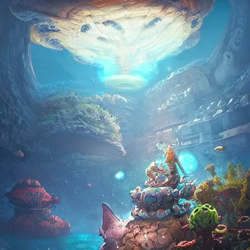 Image similar to Astronauts and some mythical animals are swimming under a sea, this is an extravagant planet with wacky wildlife, the background is full of ancient ruins, by Jordan Grimmer digital art, trending on Artstation,