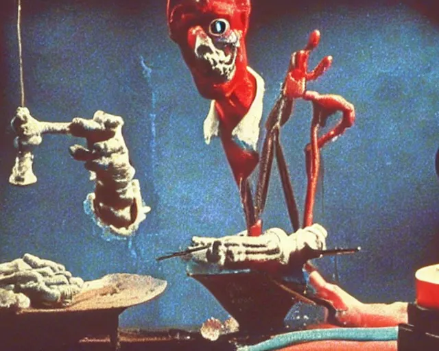 Image similar to still from a full - color 1 9 9 3 surreal creepy live - action stop - motion puppetry film by fred stuhr in the style of a tool music - video, involving nails and soap.