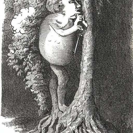 Prompt: tree with a human face smoking a cigarette, high detail, 1 9 th century illustration by john tenniel