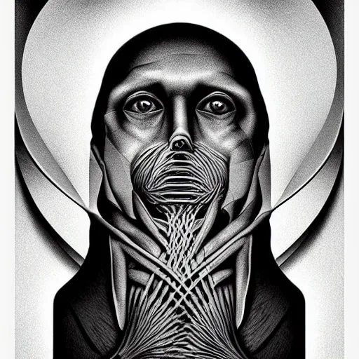 Prompt: airbrush and mono print polish poster conceptual figurative post - morden monumental portrait made by escher and giger, highly conceptual figurative art, intricate detailed illustration, illustration sharp geometrical detail, vector sharp graphic, controversial poster art, polish poster art