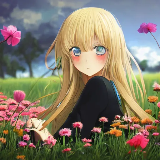 Image similar to beautiful anime transgender blonde girl sitting in a field full of flowers, highly detailed, realistic, dynamic lighting, cinematic, masterpiece, trending on artstation,-W 768