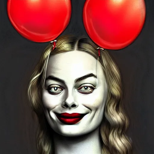 Prompt: surrealism grunge cartoon portrait sketch of margot robbie with a wide smile and a red balloon by - michael karcz, loony toons style, mona lisa style, horror theme, detailed, elegant, intricate