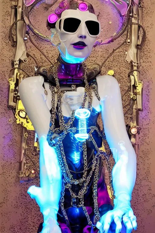 Image similar to full-body porcelain baroque space futuristic style sculpture of a young beautiful goddess as a half-robot wearing cholo shades, blue glowing lips, mechanical fingers, oozing neon radioactive liquid, electric sparks, glowing hot magenta laser beam eyes, blue diamonds, golden steampunk necklace with a glowing white crystal orb, flowing pink satin, industrial fabrics, mechanical plants. baroque and steampunk elements. full-length view. baroque element. intricate artwork by caravaggio. Trending on artstation, octane render, cinematic lighting from the right, hyper realism, octane render, 8k, depth of field, 3D