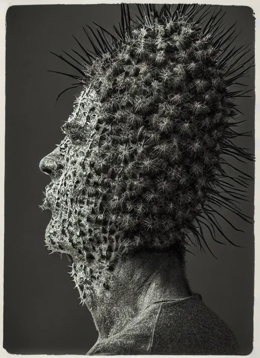 Image similar to a man's face in profile, made of cactus spines, in the style of the Dutch masters and Gregory Crewdson, dark and moody