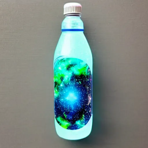 Prompt: galaxy in a Dasani bottle