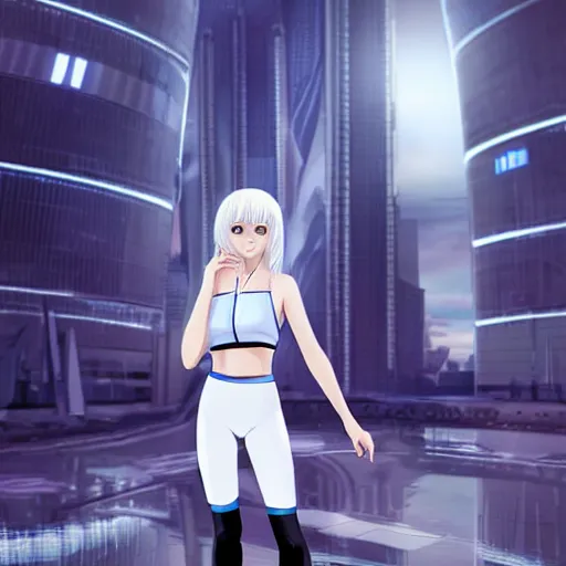 Image similar to platinum - blonde - haired bob cut blue - eyed princess wearing white leggings and black jacket, standing next to communist monument, futuristic city, anime, hd anime wallpaper, hyperrealistic lighting, octane render, volumetric lighting, drawn by artgerm