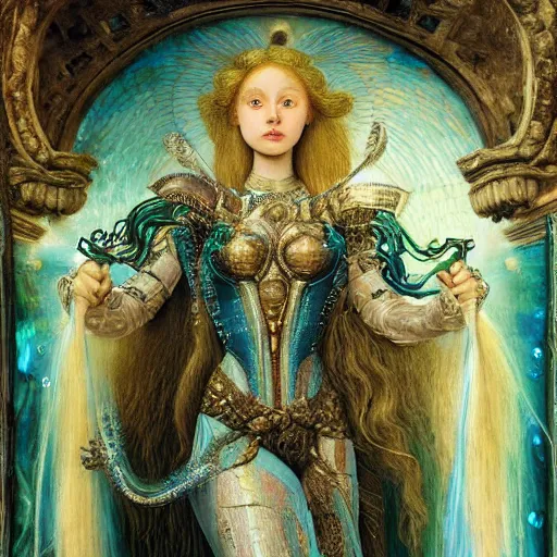 Prompt: intricate detail, hyper detail, lady of elche techno mystic princess intergalactica, wearing labradorite full body armor,, with aqua neon rapunzel dreadlocks, detailed, by sandro botticelli, gaston bussiere, h. r. giger, masterpiece, sharp focus,