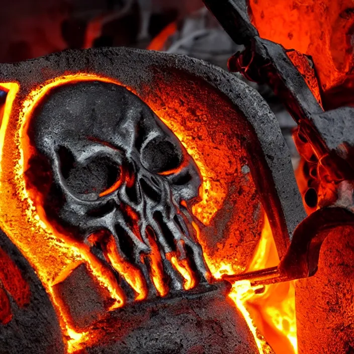 Image similar to wide angle shot of glowing flowing molten iron being poured into a mold in the shape of a punisher skull emblem. background is firey foundry. detailed, high art, intricate, artisan