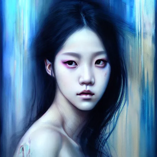 Image similar to jisoo of blackpink, hyperrealistic portrait, bladerunner street, by karol bak and agnes cecile, fantasy art, photo realistic, dynamic lighting, artstation, poster, volumetric lighting, very detailed face, 8 k, award winning