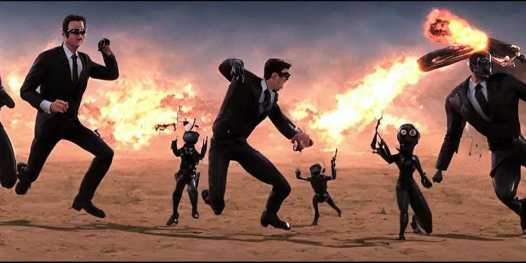 Prompt: an epic battle scene of the Men in Black fighting aliens in the style of Pixar