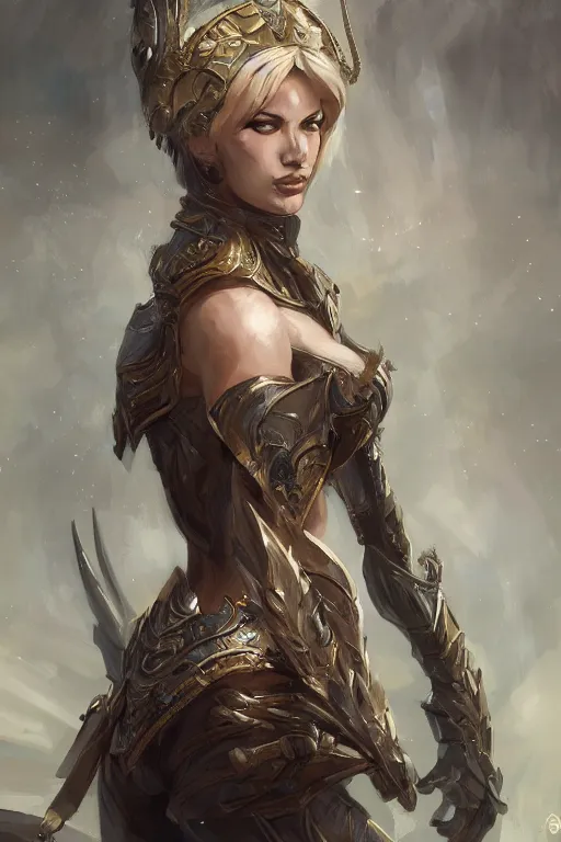 Image similar to three-quarters portrait pose of a beautiful woman, slim body, shining armor, human warrior, fantasy, intricate, elegant, highly detailed, digital painting, artstation, concept art, matte, sharp focus,D&D, illustration, art by Stanley Lau