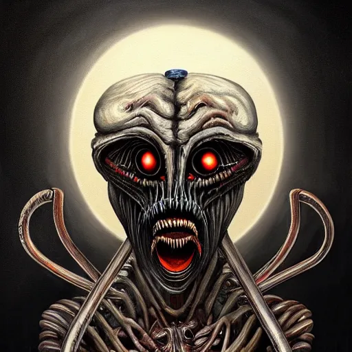 Image similar to beautiful painting of a muscular cleaver-headed chef monster with a thousand eyes in the style of Welder Wings and H. R. Giger. Dark background, detailed, trending on Artstation