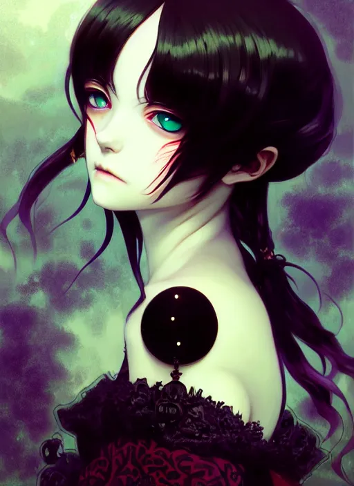 Image similar to portrait of beautiful gothic girl, cute face, intricate, highly detailed, digital painting, official media, anime key visual, concept art, rich vivid colors, ambient lighting, sharp focus, illustration, art by wlop and ilya kuvshinov and makoto shinkai and range murata and gustav klimt
