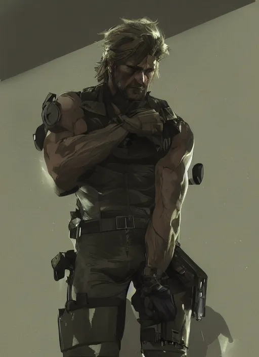 Image similar to a Photorealistic dramatic hyperrealistic render of a beautiful METALGEAR SOLID character Solid Snake by WLOP,Greg Rutkowski,Alphonse Mucha, Beautiful dynamic dramatic dark moody lighting,shadows,cinematic atmosphere,Artstation,concept design art,Octane render,8K