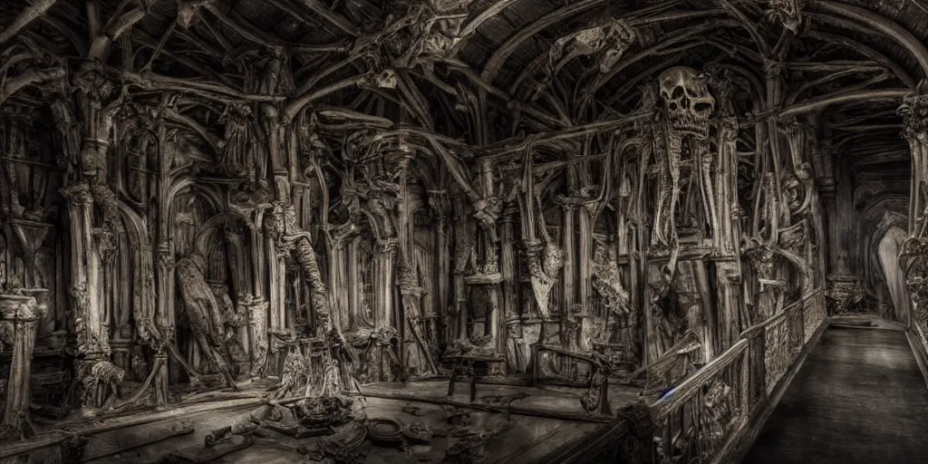 Image similar to a big room in a museum of skeletons, photorealistic, highly detailed, texture, gustave dore, 3 d sculpture, soft light, dramatic, moody, scary, ambient, hall,