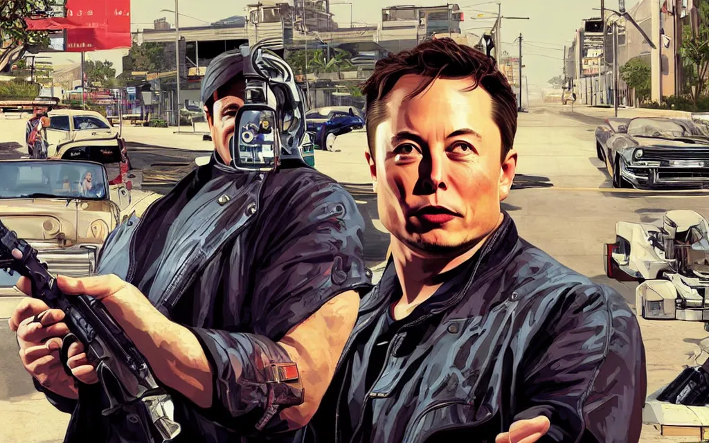 Prompt: Elon Musk in GTA V cover art, loading screen art by Stephen Bliss, boxart