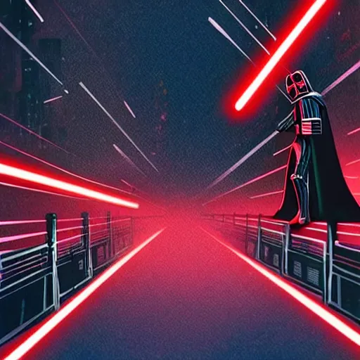 Prompt: darth vader fighting darth maul on a narrow bridge, neon, night, dark, lightsabers, spiderverse art style.