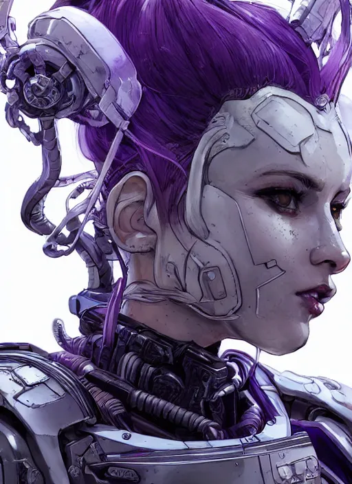 Image similar to close up portrait of a pale woman in sci - fi power armor with purple hair, powerful, domineering, stoic, masterful, intense, ultrafine hyperdetailed illustration by kim jung gi, irakli nadar, intricate linework, sharp focus, octopath traveler, yoji shinkawa, highly rendered, detailed, concept art