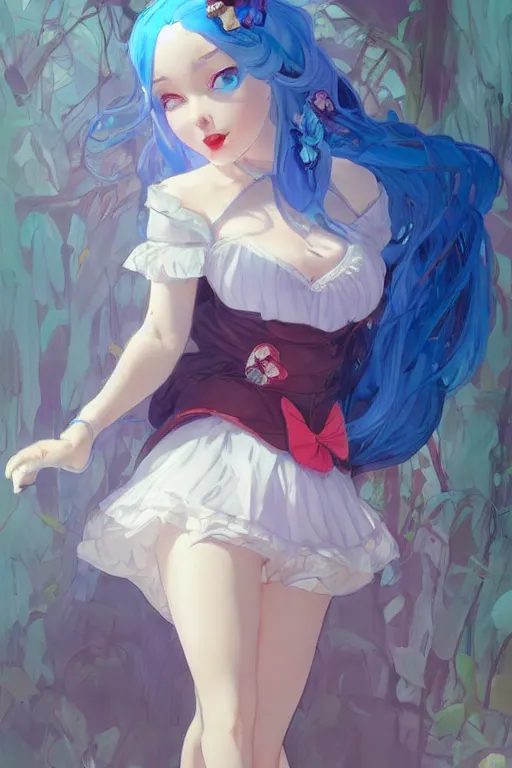 Image similar to pretty girl with blue hair, rem rezero dressed as alice in wonderland, digital painting, 8 k, concept art, art by wlop, artgerm, greg rutkowski and alphonse mucha