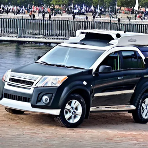 Prompt: Mahindra XUV 7OO on top of statue of Liberty