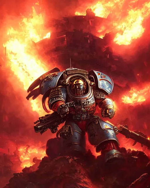 Image similar to space marine surrounded by explosions and burning buildings, sharp focus, hyper detailed, dark fantasy, warhammer 4 0 k, digital painting, by by artgerm and greg rutkowski and magali villeneuve